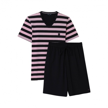 Eden Park Pyjama court E526E56 rayures Marine et Rose
