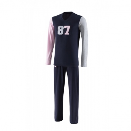 Eden Park Pyjama long E502E26 Bleu Marine Manches grises et roses