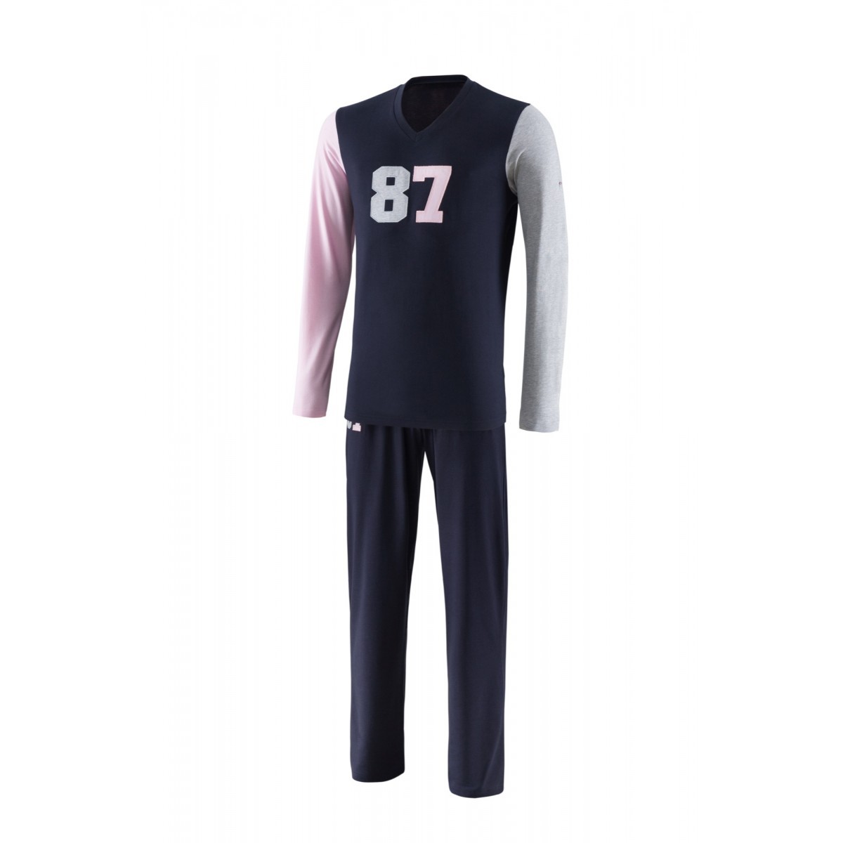 Eden Park Pyjama long E502E26 Bleu Marine Manches grises et roses